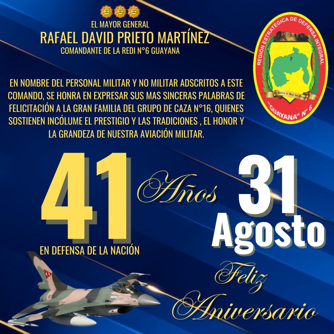 Hoy la #FANB celebra el 41 aniversario del Grupo Aéreo de Casa N° 16 de la Aviación Militar Bolivariana, un símbolo de resistencia y victoria. A pesar del brutal bloqueo del imperio norteamericano, los hombres y mujeres del aire mantienen el prestigio y las tradiciones de nuestra