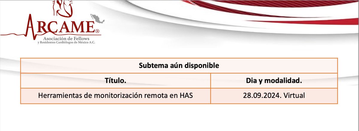 Comunidad ARCAME (@comunidadarcame) on Twitter photo FONAR 2024 está cerca. Si eres socio ARCAME, aún puedes postularte como ponente en los temas que se presentan a continuación. 27 y 28 de septiembre 2024, Hotel Fiesta Americana Viaducto Aeropuerto.
Enviar C.V. a arcame2023@gmail.com
#FONAR2024 #ARCAME #ResidentesCardio FONAR 2024 está cerca. Si eres socio ARCAME, aún puedes postularte como ponente en los temas que se presentan a continuación. 27 y 28 de septiembre 2024, Hotel Fiesta Americana Viaducto Aeropuerto.
Enviar C.V. a arcame2023@gmail.com
#FONAR2024 #ARCAME #ResidentesCardio
