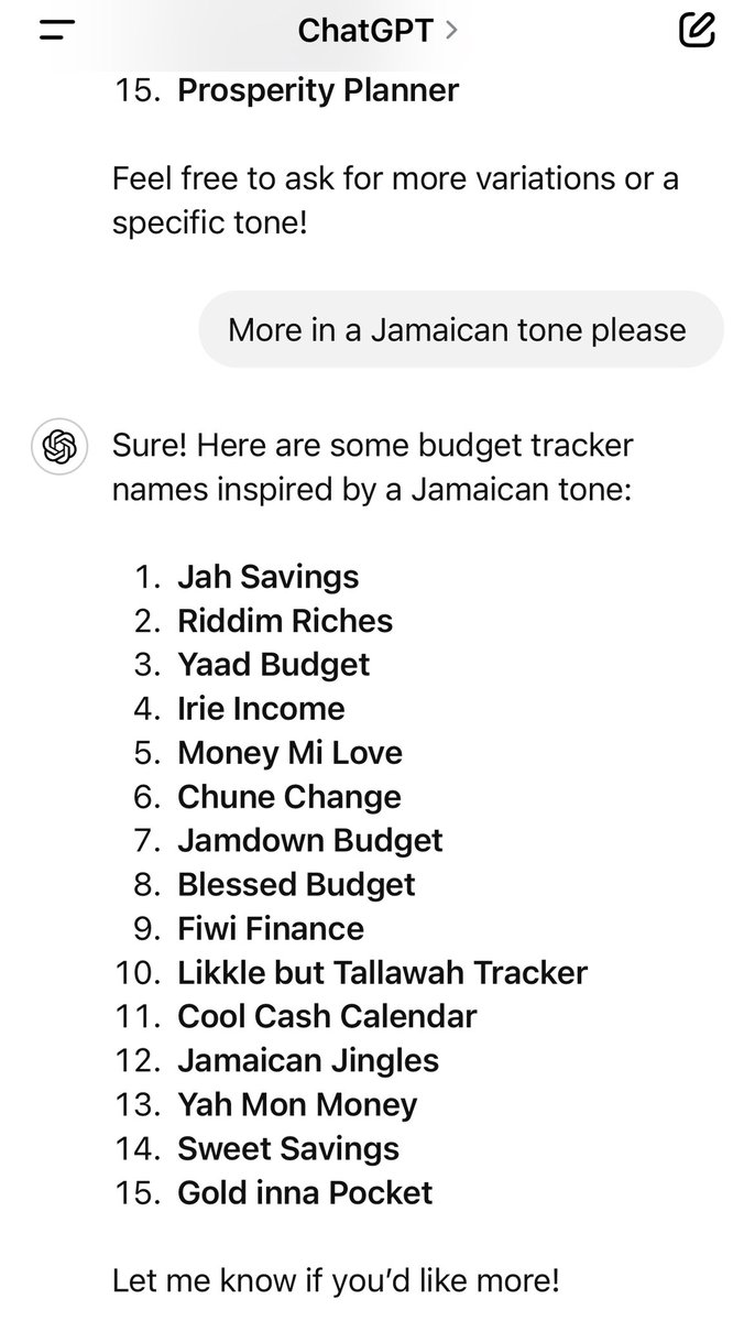 I asked ChatGPT to help me think of names for the budgeting template I’m dropping in a “Jamaican tone” and…

💀💀💀💀💀🇯🇲
