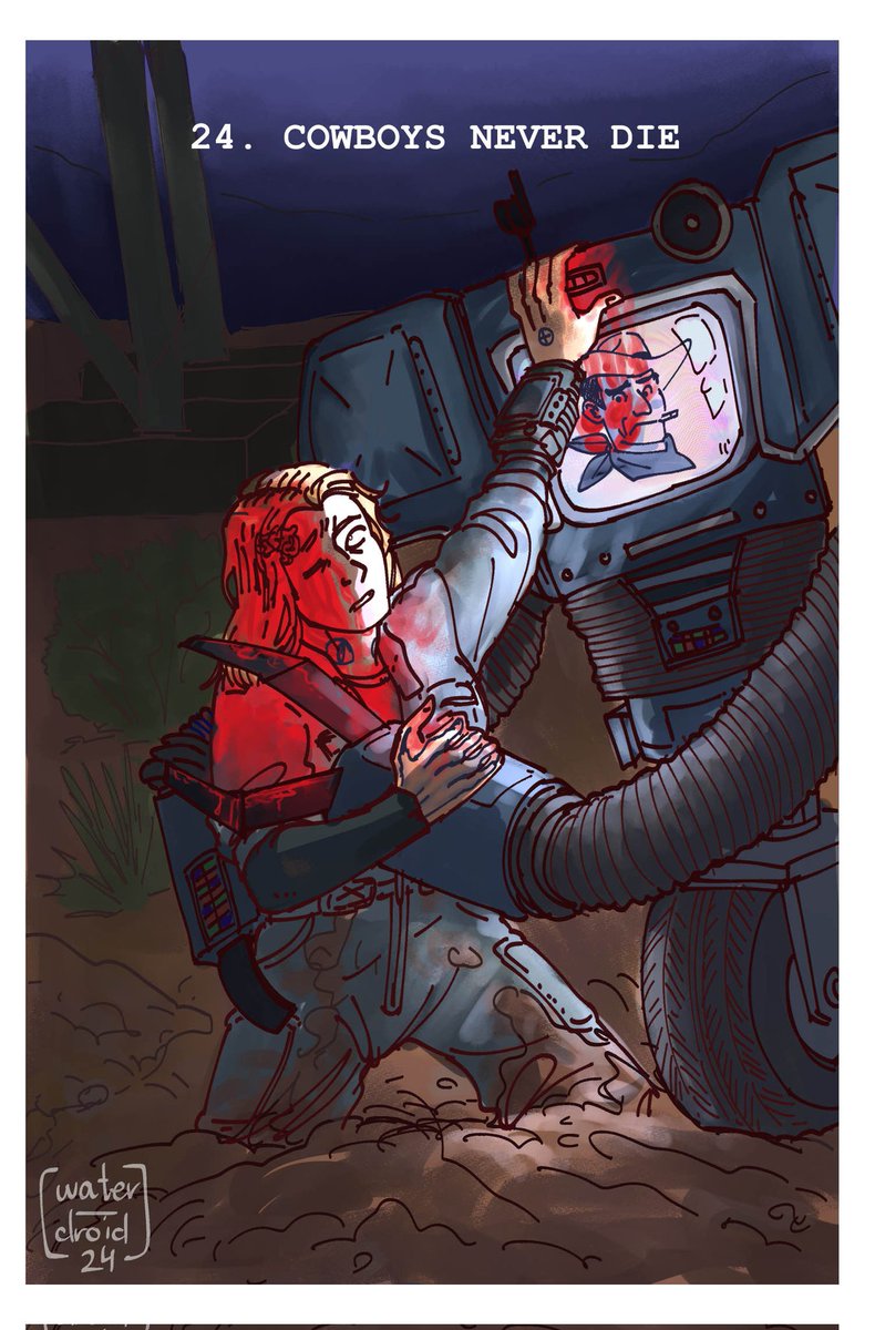 water_droid's tweet photo. Yeehawgust Day 31: Cowboys Never Die 🩸
October 11th, 2281, a courier by the name of "Sam Rando" gets shot in the head and left for dead in the Goodsprings Cemetery, then is retrieved by the Securitron Victor. She survives and proves that, truly, Cowboys Never Die. 
#fallout https://t.co/HaHAXgPsrG