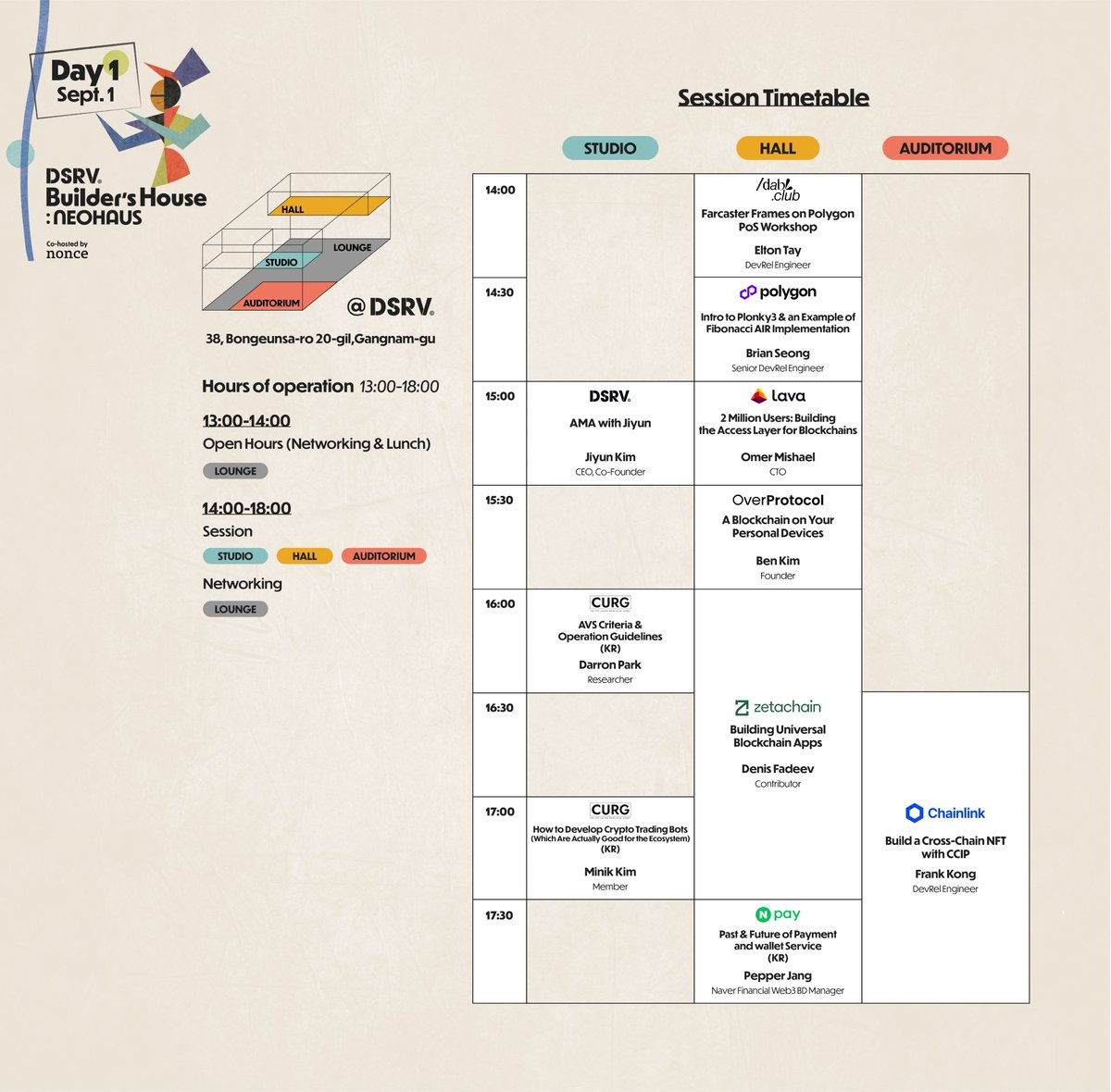 dsrvlabs's tweet photo. Gm friends! Today is the day, which means we’re about to open our doors for #NEOHAUS 🎭

🔹 DSRV HQ | 38, Bongeunsa-ro 20-gil, Gangnam-gu 1:00-6:00pm (lunch & networking hour; sessions from 2:00pm)
🔹 nonce | 45-9 Bongeunsa-ro 22-gil, Gangnam-gu
2:00pm-10:00pm (@MinaFoundation sessions from 2:00pm; K-BBQ Rooftop Party from 6:00pm)