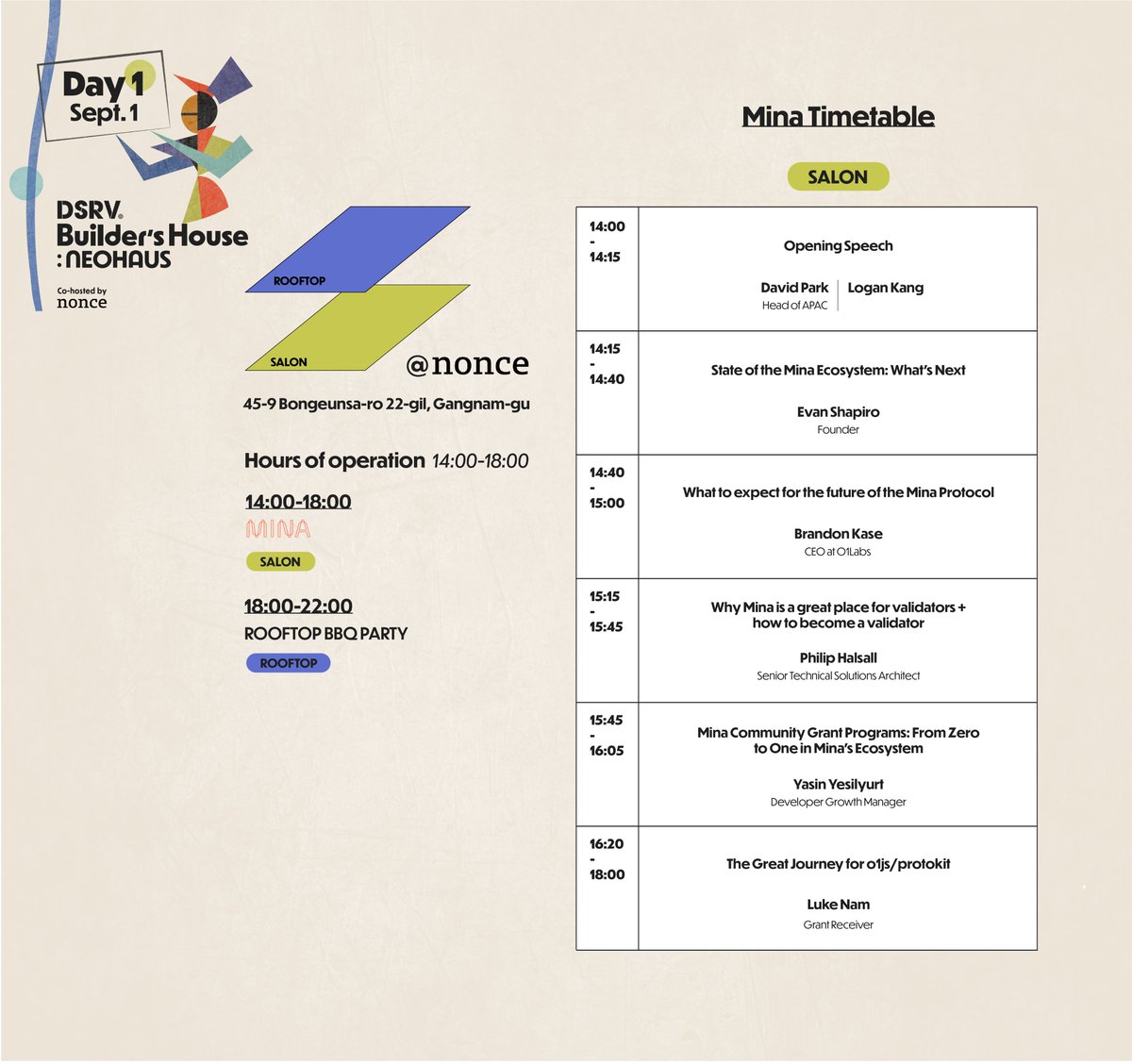 dsrvlabs's tweet photo. Gm friends! Today is the day, which means we’re about to open our doors for #NEOHAUS 🎭

🔹 DSRV HQ | 38, Bongeunsa-ro 20-gil, Gangnam-gu 1:00-6:00pm (lunch & networking hour; sessions from 2:00pm)
🔹 nonce | 45-9 Bongeunsa-ro 22-gil, Gangnam-gu
2:00pm-10:00pm (@MinaFoundation sessions from 2:00pm; K-BBQ Rooftop Party from 6:00pm)