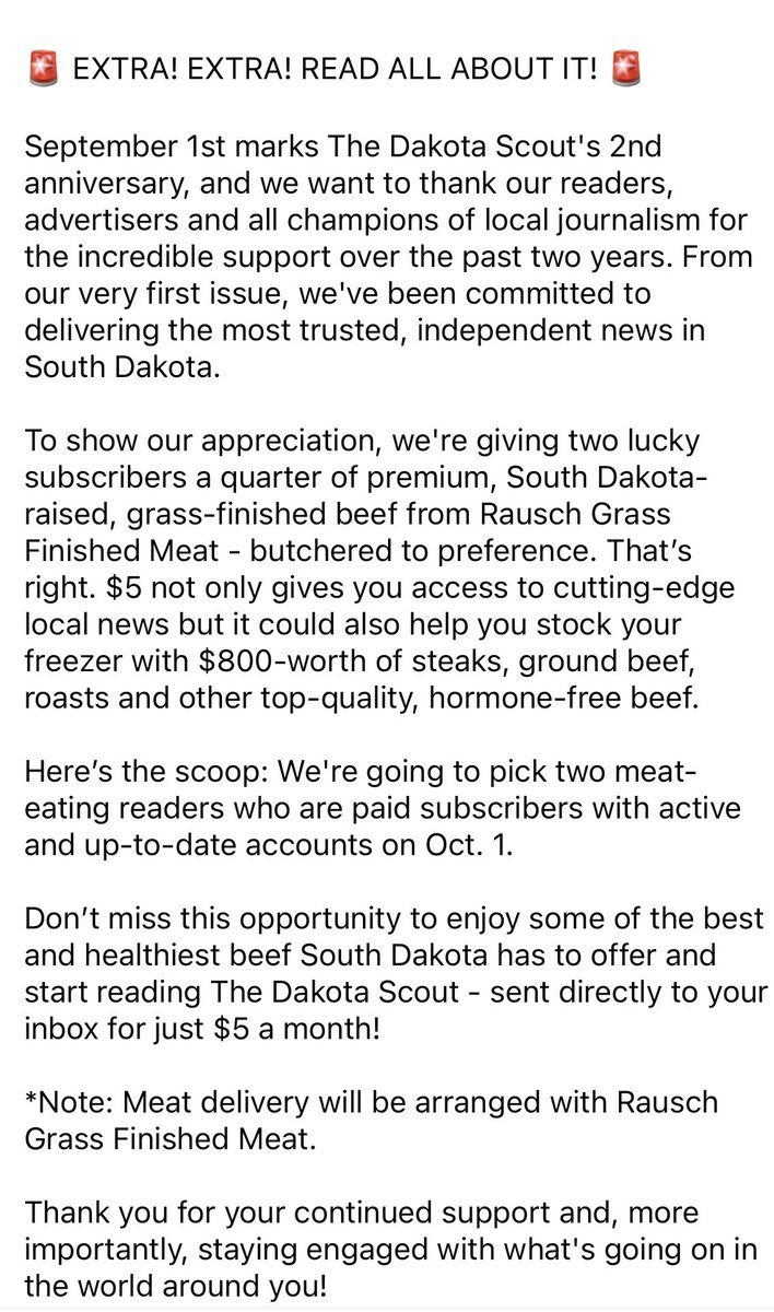 TheDakotaScout's tweet photo. 🥩🐮🥩 To anyone with a hankering for choice South Dakota-raised beef and the state’s leading independent journalism: Make sure your accounts at https://t.co/vUvhk43b8X are up to date if you want a shot at a quarter beef. Details below. 🥩 🐮 🥩 https://t.co/V9q1acitah