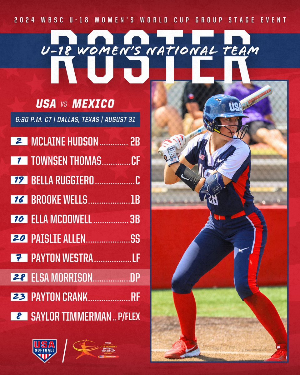 Today’s 𝘀𝘁𝗮𝗿𝘁𝗶𝗻𝗴 𝗹𝗶𝗻𝗲𝘂𝗽 ↓

𝙒𝘼𝙏𝘾𝙃 𝙇𝙄𝙑𝙀 🔗 go.usasoftball.com/24u18wc