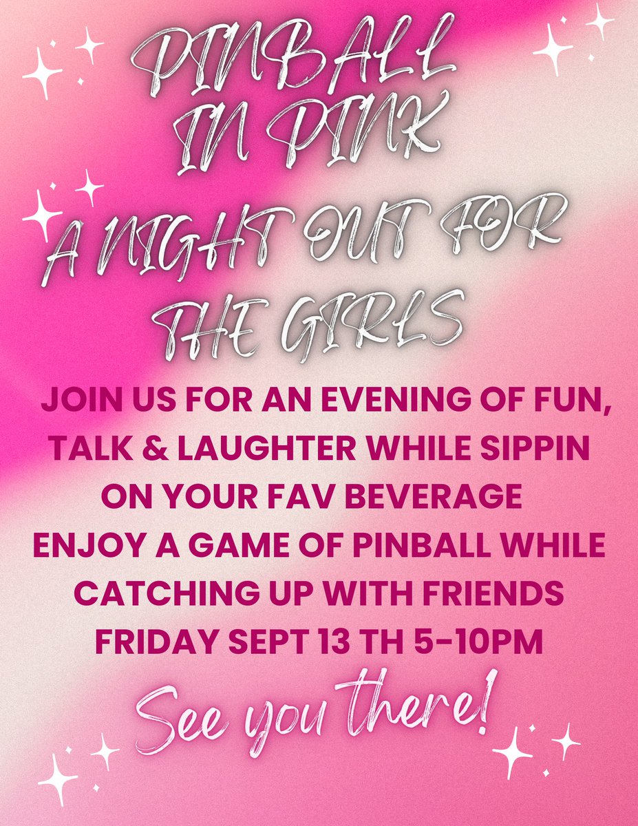 ✨ Girls, it's time to sparkle and shine! ✨

Join us for an exclusive All Girls' Night Out at Flipperz Pinball Arcade! Grab your besties and get ready for an evening full of fun, laughter, and of course, endless pinball action! 🎈
