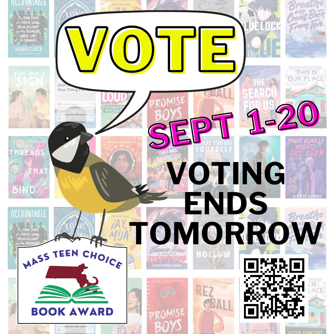 Voting for the Mass Teen Choice Book Awards closes TOMORROW!

Library staff that means for you too! If you plan to submit paper ballot tallies, you have until the end of the day tomorrow (Sept 20th) to have the votes of your teens count. No late votes will be accepted.

#mtcba
