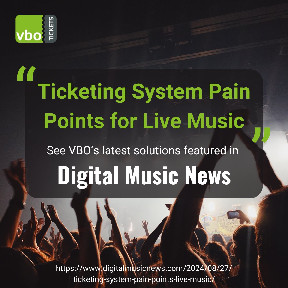 vbotickets's tweet image. We’re thrilled to be featured in Digital Music News, where our latest advancements in ticketing technology are highlighted!

🔗digitalmusicnews.com/2024/08/27/tic…

#LiveMusic #TicketingSolutions #VBOtickets #DigitalMusicNews #EventManagement #MusicIndustry #Innovation