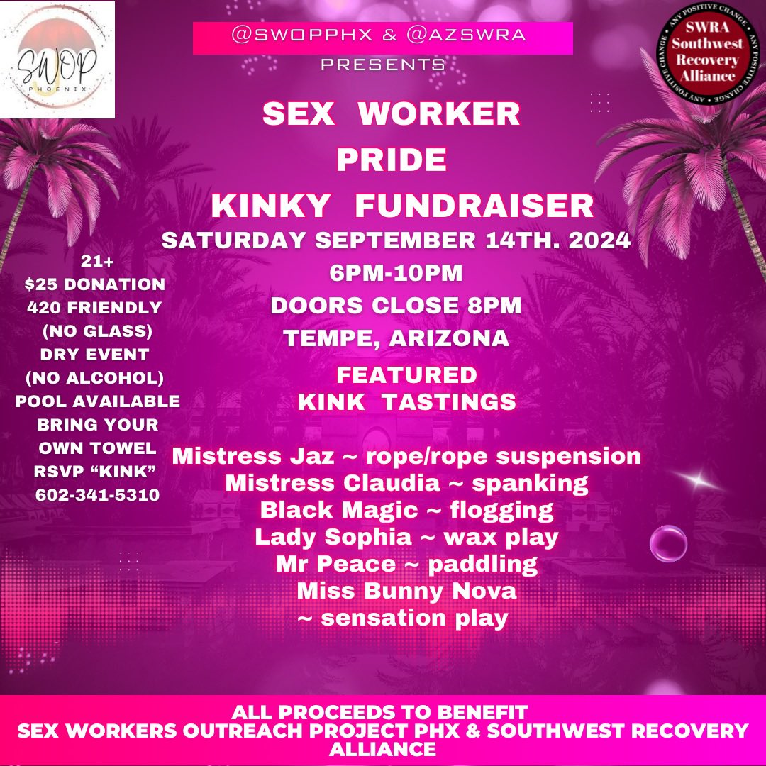 🗣️ @swopphx &amp; @azswra 
will be making waves for a cause at our Sex Worker Pride Day Fundraiser pool party! Kink tastings from @neuroticshibari <a href="/milkymaid666/">🐰Bunny Nova✨</a> @sophiastjames @mistressclaudiamonet &amp; more! @Lady_Linni co hosting. RSVP  602-341-5310 fetlife.com/events/1588644