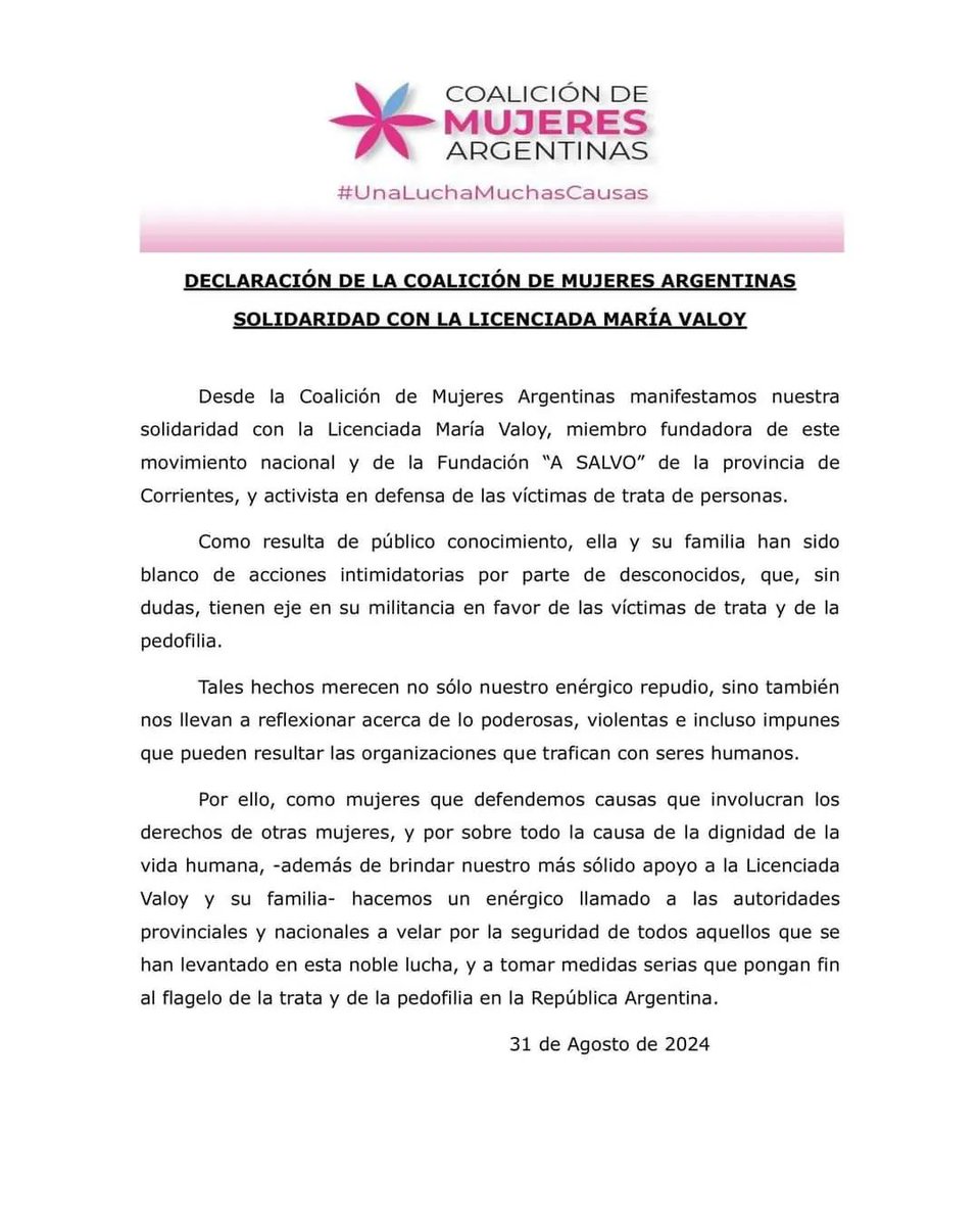 de_argentinas's tweet photo. ⚠️ IMPORTANTE #Corrientes #Argentina 

Pedimos masiva difusión.

#ComunicadoOficial de Coalición de Mujeres Argentinas ante lo ocurrido a la familia de María Valoy  una de las fundadoras de nuestro movimiento.

Maria Valoy, NO ESTA SOLA. 

#SomosCoalicion #NoALaTrata https://t.co/t44g3NITs8