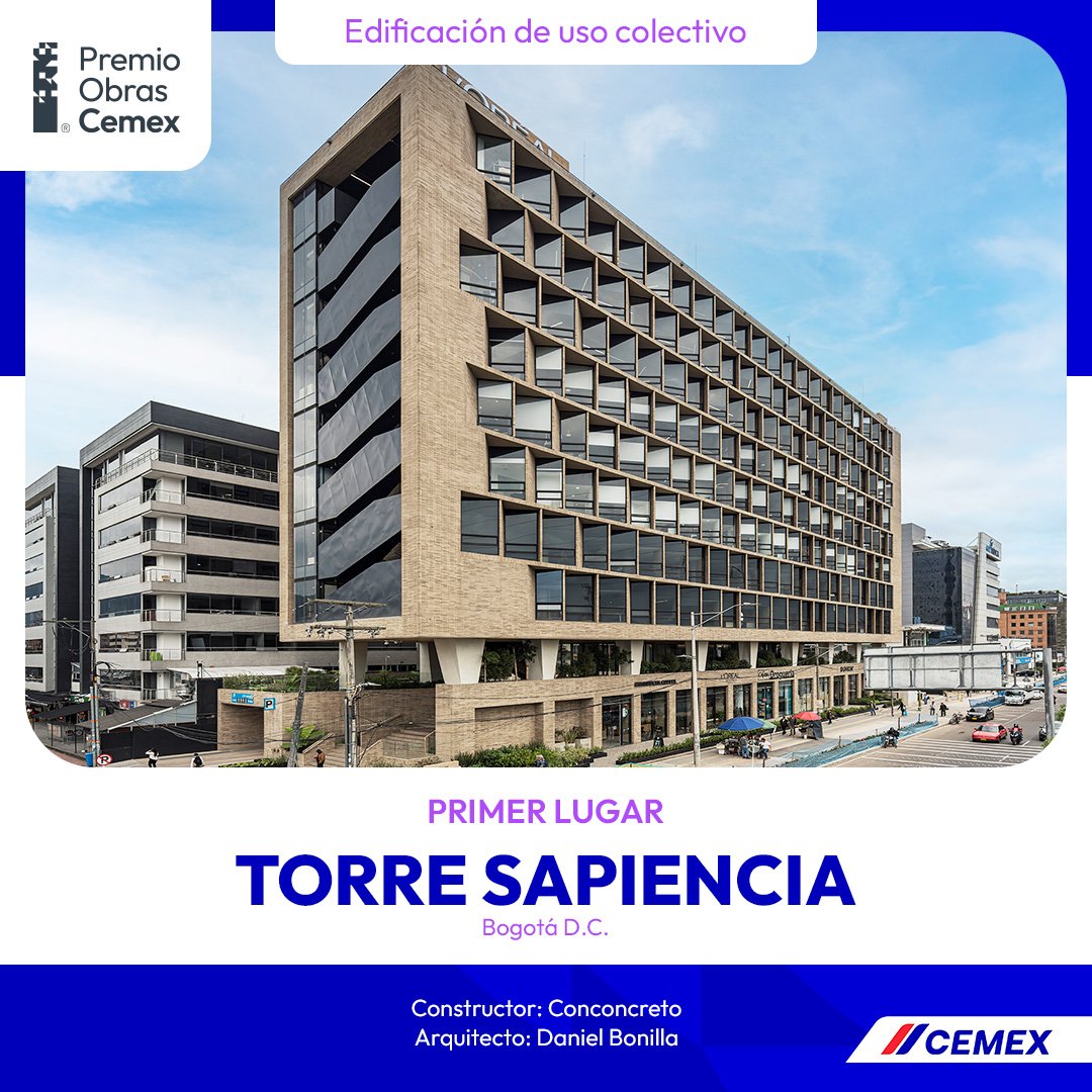 CEMEX_Colombia's tweet photo. La Torre Sapiencia de #ConstructoraConcreto en Bogotá, parte de la @UniJaveriana, ganó el 1er lugar en #PremioObrasCemex2024 en la categoría Edificación de Uso Colectivo 🏅. Destaca por su diseño sostenible y vistas 360° 🌆. #DandoFormaAlFuturo https://t.co/6ItJQLWtVF