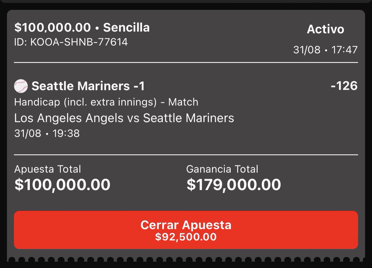 ElReyApostador_'s tweet photo. Aposté 100 mil pesos en un juego de MLB. No tengo dudas de que este freepick se cobrará. Me gusta tanto esta apuesta que si se pierde voy a regalar 20 mil pesos entre todos los que le den RT a este tweet, así de seguro estoy. Súbanse a mi barco. VAMOS MARINERS. https://t.co/BZcvGgsS2b