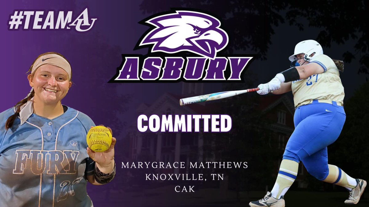 Marygrace -MG- Matthews (@mgmatthews2025) on Twitter photo I am excited to announce my commitment to <a href="/asburysoftball1/">Asbury Softball</a> !!!
Thank you to God, my family, coaches and my amazing CAK and Fury teammates! Thank you Coach Ally, Coach Jenn, and Coach Chris for this opportunity!!! Go Eagles! 🦅💜 I am excited to announce my commitment to <a href="/asburysoftball1/">Asbury Softball</a> !!!
Thank you to God, my family, coaches and my amazing CAK and Fury teammates! Thank you Coach Ally, Coach Jenn, and Coach Chris for this opportunity!!! Go Eagles! 🦅💜
