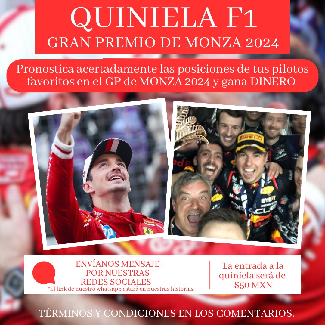 StoPrizesF1's tweet photo. 🚨 ¡¡GÁNATE MUCHO DINERO con la FÓRMULA 1, acertando las POSICIONES de tus PILOTOS FAVORITOS!! 🏎️

¡Es tu OPORTUNIDAD de GANAR un dinerito EXTRA! 🥳
📌Pronostica en qué posiciones quedarán:
     🇲🇽Checo Pérez 
     🇲🇨Charles Leclerc 
     🇬🇧George Russell 
     🇳🇱Max Verstappen https://t.co/jdFpFsynxn
