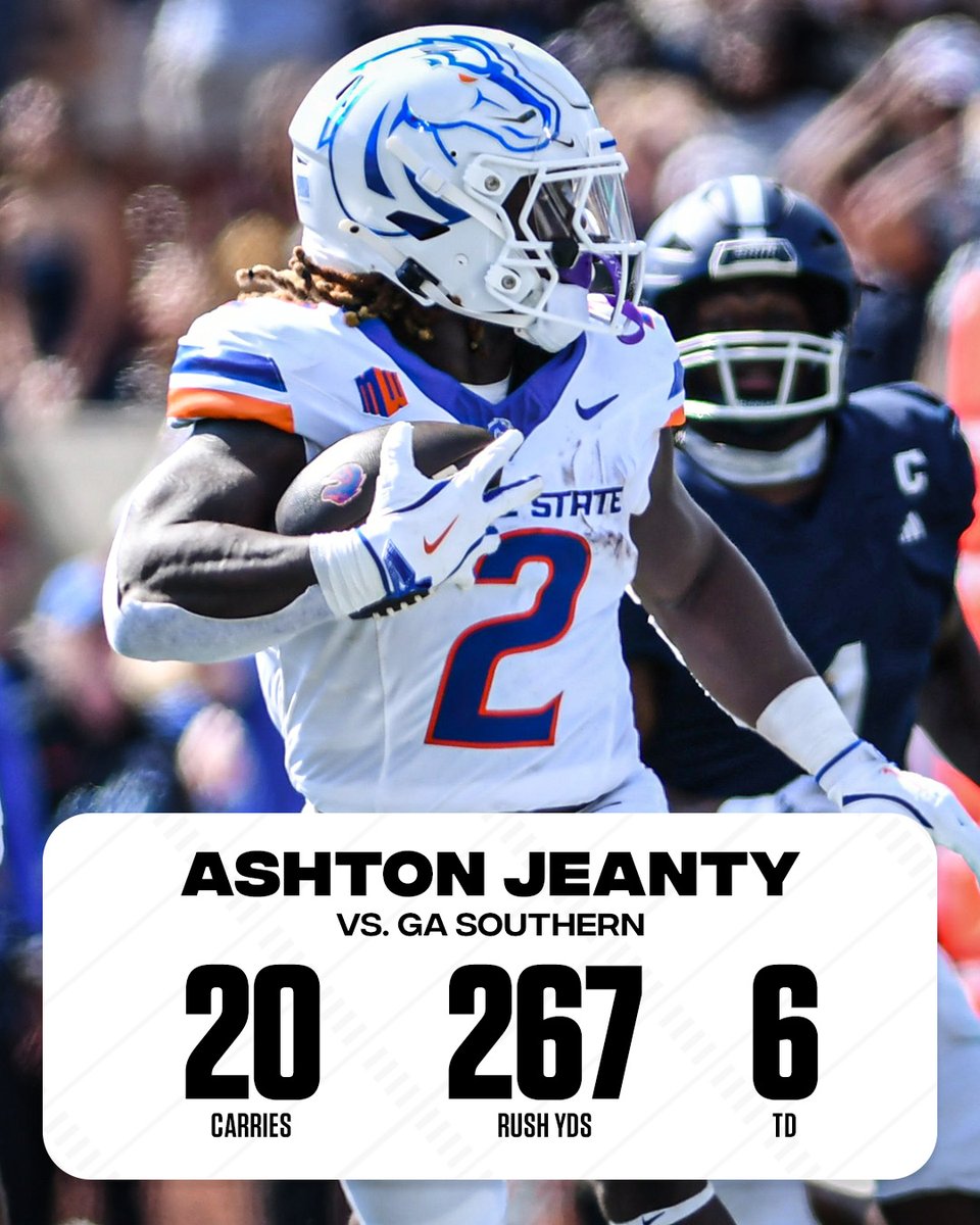 VIDEO GAME NUMBERS FOR ASHTON JEANTY 🎮 

He breaks Boise State's single-game rushing record with 267 yards in the season-opening win 😤