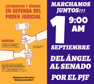 GARCIPAVON's tweet photo. "El que no se mueve no escucha el ruido de sus cadenas" 😎
Si no sales de tu zona de confort, ¿Cómo esperas salir adelante? 🤔
AGENDA MANIFESTACIONES #EnDefensaDelPJF
Actualización 31 agosto.
Para manifestaciones nocturnas, vestir de blanco y negro, y llevar veladoras.
SÁBADO 31 AGOSTO: -
⚖️ MARCHA POR LA INDEPENDENCIA JUDICIAL, VERACRUZ, VER Parque Zamora, 5:30 pm
⚖️ MANIFESTACIÓN: "NO A LA MILITARIZACIÓN DEL PAÍS" CDMX. Del Ángel a la Independencia al Senado de la República. 7:00 pm.
DOMINGO 1 SEPTIEMBRE
⚖️ MARCHA DE ESTUDIANTES Y JÓVENES EN DEFENSA DEL PODER JUDICIAL, CDMX Del Ángel de la Independencia al Senado de la República, 9:00 am (IBERO, UNAM, ELD, ITESO, UAEM, ITAM, ITESM, y CIDE convocan a todas las Universidades)
⚖️ ACAPULCO, GRO De Costera 125 a Plaza Francia, 9:00 am
⚖️ TUXTLA GUTIÉRREZ, CHIS Sede Palmas del PJF, frente a Autozone Oriente, hacia el Congreso Estatal, en la Explanada del Parque Central, 9:00 am
⚖️ XALAPA, VER Del Teatro del Estado a Plaza Lerdo, 9:00 am
⚖️ MÉRIDA, YUC, MARCHA ESTUDIANTIL De Remate de Montejo a la Plaza Grande, 10:00 am
⚖️ CD. VICTORIA, TAMPS Del Estadio Marte R. Gómez al Paseo Méndez, 7:00 pm
LUNES 2 SEPTIEMBRE:
⚖️ FORO: IMPLICACIONES DE LA INICIATIVA DE REFORMA AL PJF CETYS Universidad, Auditorio de Posgrado Campus TIJUANA, 10:00 am
⚖️ MANIFESTACIÓN, TOLUCA, EDOMEX Glorieta del Águila, 6:30 pm
MARTES 3 SEPTIEMBRE:
⚖️ MARCHA POR LA INDEPENDENCIA JUDICIAL, TEPIC, NAYARIT, partiendo de la Hermana Agua 6:30 pm.
(Acude con camiseta negra y veladora)
MIÉRCOLES 4 SEPTIEMBRE:
⚖️ PARO NACIONAL TOTAL