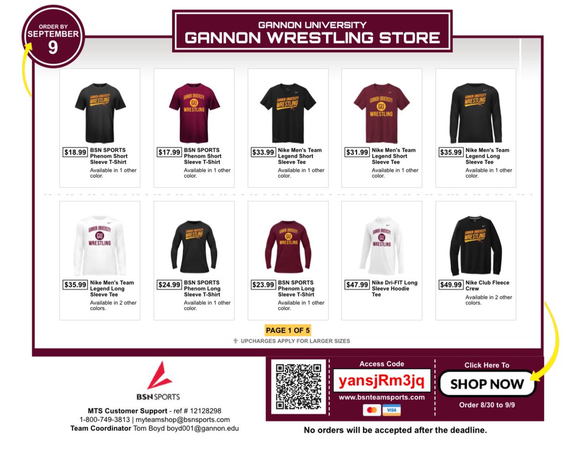 Gannon Wrestling Team Shop! Order by September 9th!

bsnteamsports.com/shop/yansjRm3jq