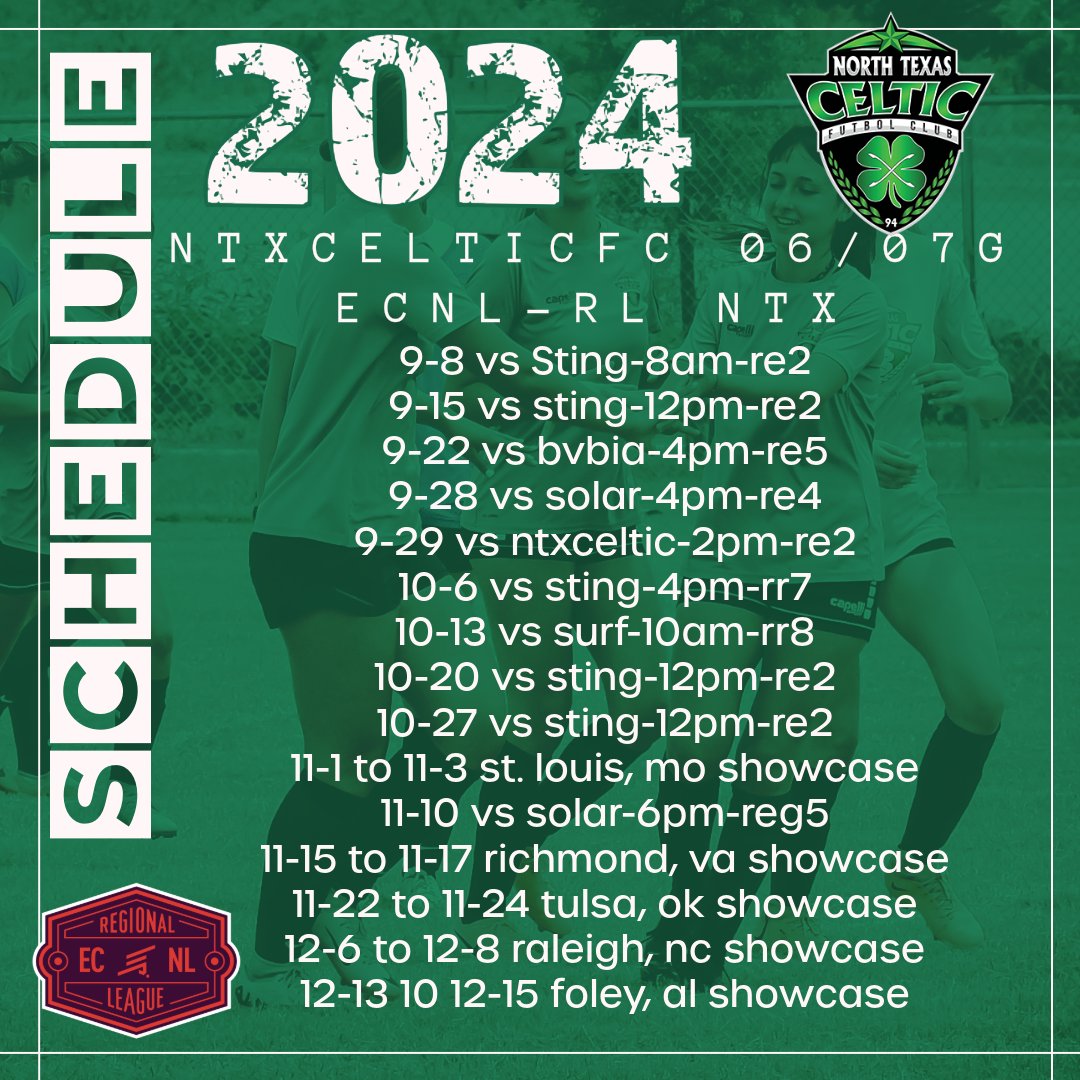 🍀⚽️2024 Calendar⚽️🍀
Hope to see y'all there! 

📍RE = RE Goode Sports Complex, Carrollton  
📍RR = RailRoad Park, Lewisville

<a href="/CelticFC/">Celtic Football Club</a> <a href="/ntxcelticfc/">NTX Celtic FC</a>
#goals #FutbolFemenino #lifestyle #artinmotion #womenssoccer #woso #womensfootball #soccer #futfem #ECNL