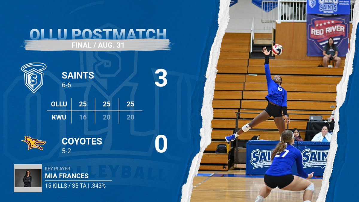 #OLLUPostMatch: #OLLUVolleyball defeated Kansas Wesleyan University 3-0 to close out the 2024 San Antonio ShinDig. Article and video will be posted soon. #WingsUpSaints