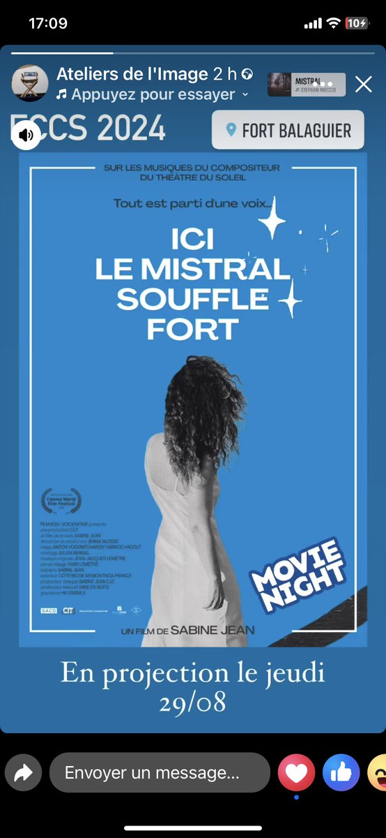 Ici_Le_Mistral's tweet image. Belle projection d' Ici le Mistral souffle fort ce 29 août au Festival Films Courts Côté Sud.
Merci au public, à l'équipe du film et aux organisateurs
@lagenceducourtmetrage
@CreativTeach 
@Sabeenjean