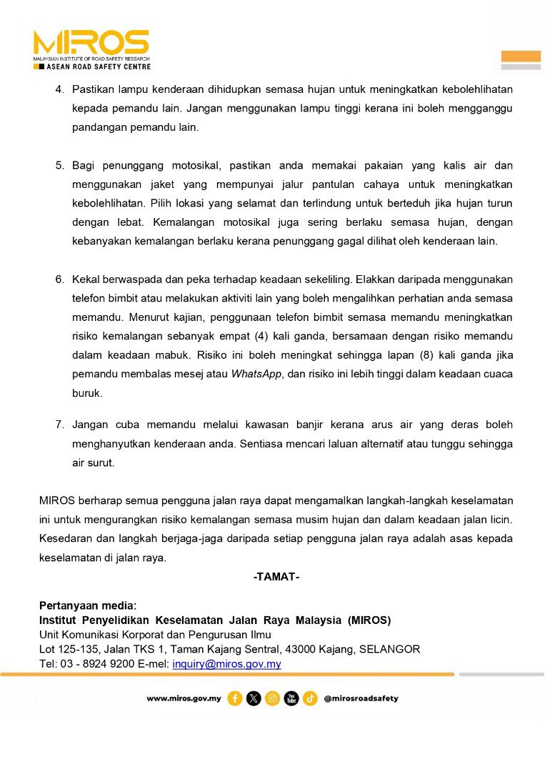 mirosroadsafety's tweet photo. KENYATAAN MEDIA
1 SEPTEMBER 2024
MIROS SERU PENGGUNA JALAN RAYA TINGKATKAN KESELAMATAN SEMASA MUSIM HUJAN https://t.co/jXOyiaNlI8
