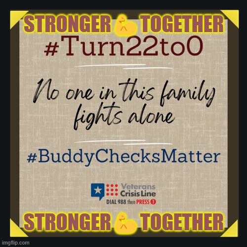 mil_vet17's tweet photo. @okhomebody @acls9_9 @stvwht @mmoyak @enahS1975 @surfbag @srasberry1 @MAC_ARMY1 @JRand1685 @RangerDiver7172 @cbill2200 @SignalSoldierX1 🇺🇸 STRONGER💪TOGETHER 🇺🇸
🇺🇸Help us to reach more Veterans🇺🇸
🇺🇸Please "Repost" ALL #BuddyChecks 🙏🇺🇸
🇺🇸
🇺🇸 #BuddyChecksMatter 🇺🇸
Always reach out first. Together we can #turn22to0
& we will #EndVeteranSuicide 💪🇺🇸
🇺🇸
🇺🇸🟢TY Charyl for #Buddy ✅👊🇺🇸 https://t.co/3ba402WYiy