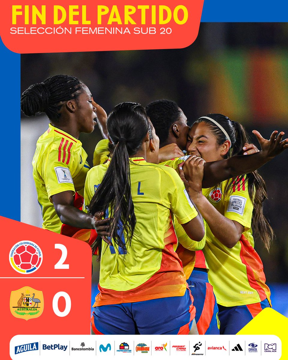 FCFSeleccionCol's tweet photo. 𝙁𝙞𝙣𝙖𝙡𝙞𝙯𝙖 𝙚𝙡 𝙥𝙖𝙧𝙩𝙞𝙙𝙤 

¡𝙂𝙍𝘼𝙉 𝙏𝙍𝙄𝙐𝙉𝙁𝙊 𝙀𝙉 𝙉𝙐𝙀𝙎𝙏𝙍𝙊 𝘿𝙀𝘽𝙐𝙏!

🇨🇴 2-0 🇦🇺

#LaFemeninaNosUne🇨🇴
#TodosSomosColombia🇨🇴 https://t.co/A9J2timqGT