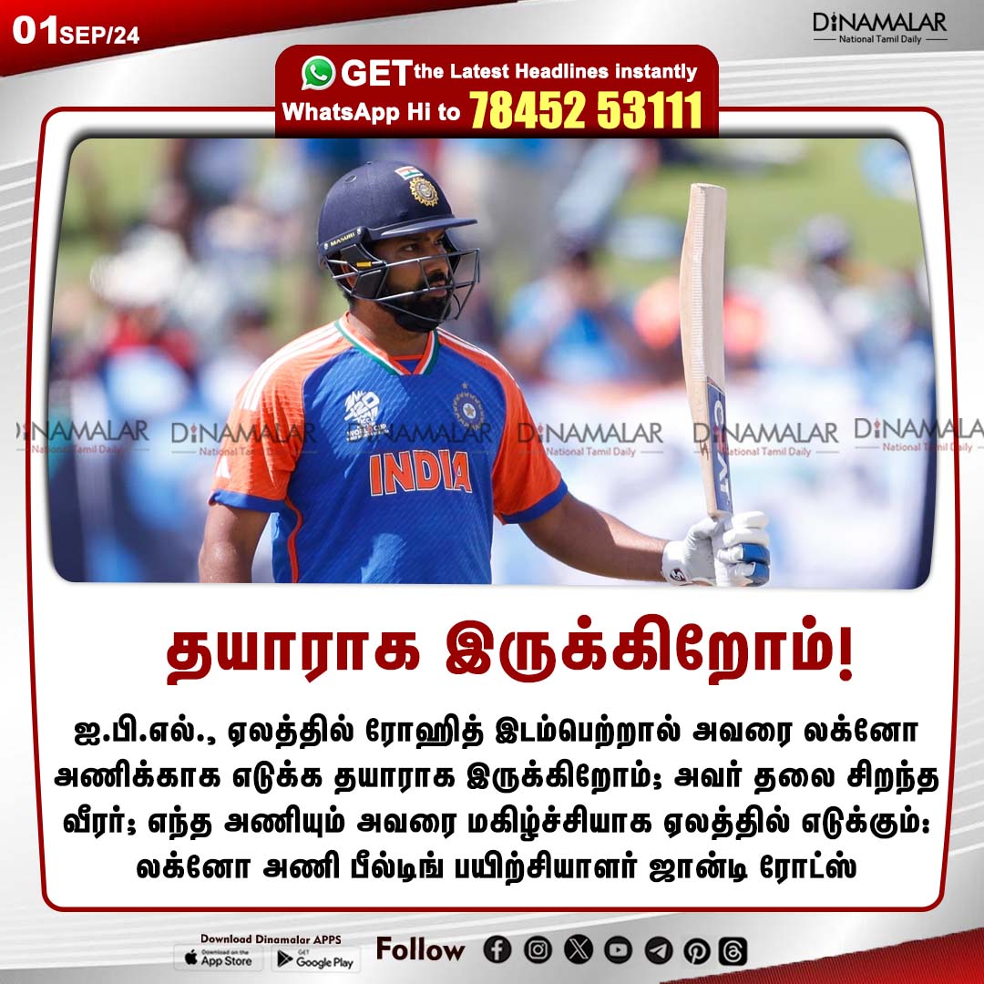 dinamalarweb's tweet photo. தயாராக இருக்கிறோம்!
#IPL | #rohitsharma | #Lucknowteam | #bestplayer
https://t.co/y4W3uzOWeZ https://t.co/GBIPlYh6t0