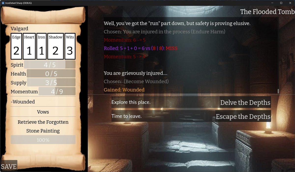 Face_Less_Games's tweet image. This week in #ironsworn delve-turned-digital-gamebook news:  I made it so you can get grievously injured and go nearly insane!  #justgamedevthings #screenshotsaturday