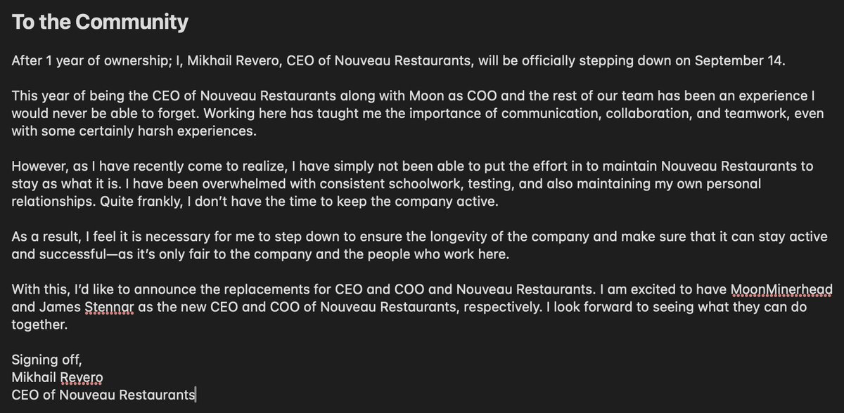 Official statement from Nouveau Restaurants: