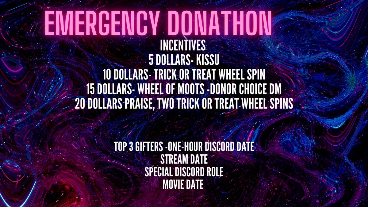 Hello!Tomorrow starts the emergency donathon. The event will be solo streams and collabs with moots. As I won't have a set schedule due to Goddess duties I will stream as often as I can. If you would please retweet or signal boost this post. 
#donathon #pngtuber #VtuberUprisings