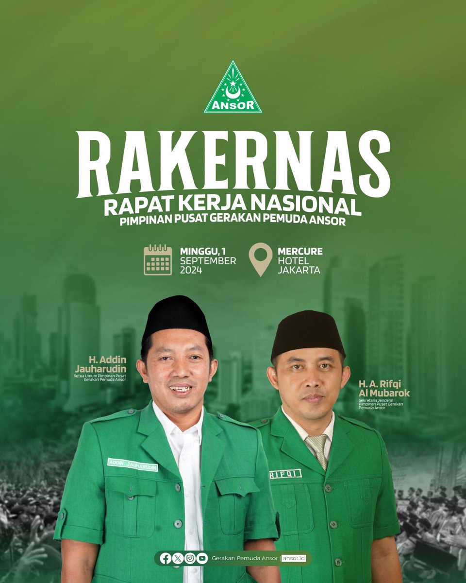 Bismillah, 
semoga diberikan kelancaran, berkah, dan manfaat.

Rapat Kerja Nasional Pimpinan Pusat Gerakan Pemuda Ansor
Mercure Hotel Jakarta
Minggu, 1 September 2024