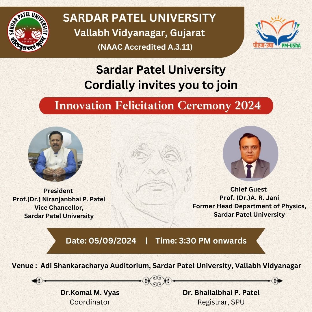 spunivgujarat's tweet image. Sardar Patel University Cordially Invites You to the Innovation Felicitation Ceremony on 5th September at 3:30 PM.

#Felicitation #SPU #SPUpdate #SPU2024 #VVNagar
