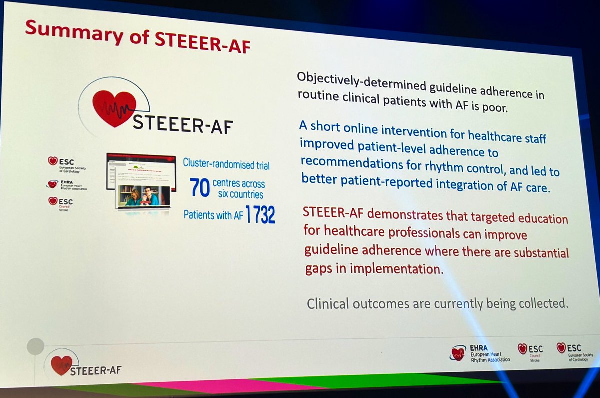Targeted education for #AFib improves guideline adherence; our STEEER-AF international cluster randomisation controlled trial. Greater impact on rhythm control than #stroke prevention. #ESCCongress