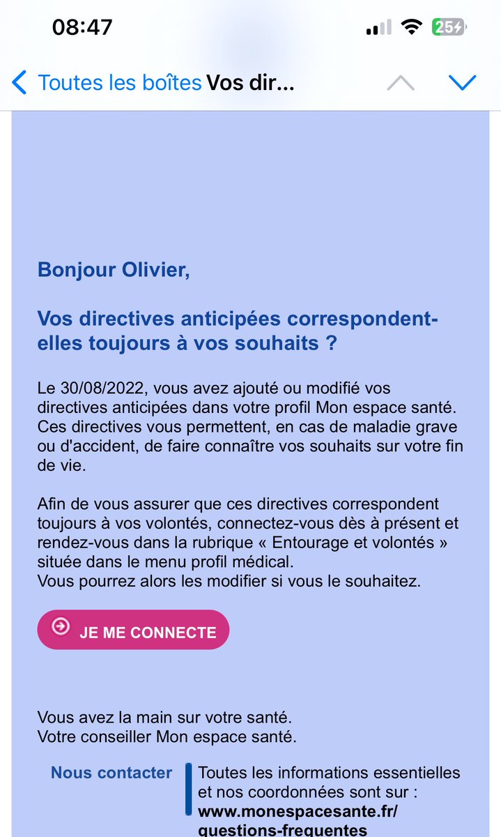 Dans ma boîte mail ce matin. Même si les directives anticipées sont maintenant sans date de validité, je considère que c’est un progrès que «mon espace santé » s’en soucie.
Encore un effort à faire pour avoir enfin une loi de liberté mais on avance !
<a href="/ADMDFRANCE/">Mourir dans la Dignité</a> <a href="/admd_82/">ADMD - Tarn-et-Garonne</a>