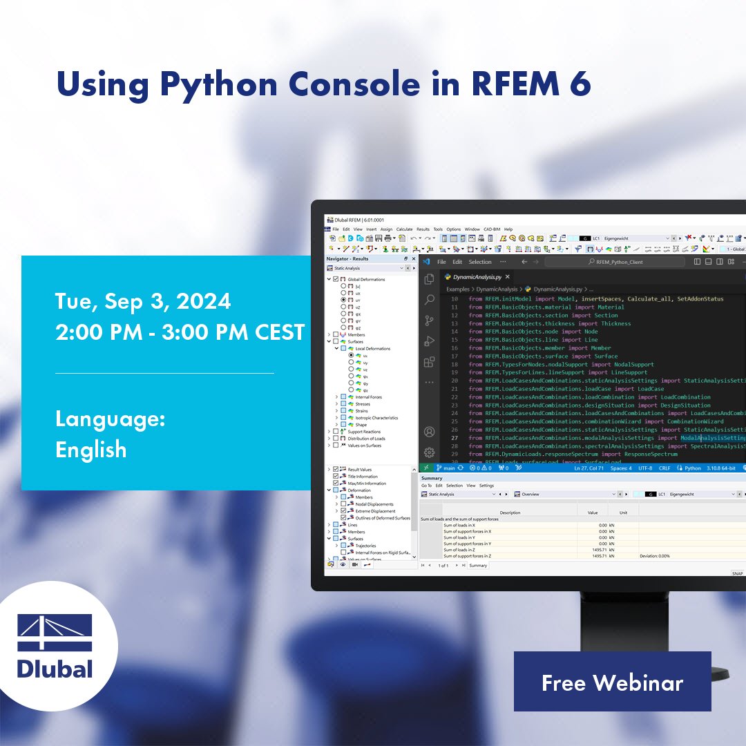 dlubal_en's tweet photo. ๐ Using Python Console in RFEM 6
๐ Date and Time:
Thu, September 5, 2024 | 2:00 PM โ 3:00 PM CEST
โน๏ธ More information and registration:
https://t.co/2RoXRXC7xq
#Dlubal #Rfem6 #3dbuilding #Bauingenieur #Buildinginformationmodeling #Civilengineeringstructure #Construction https://t.co/uWV6xs3mOM