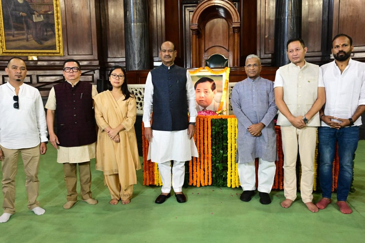 AgathaKSangma's tweet photo. On the 77th birth anniversary of my beloved father and our leader P. A. Sangma, we gathered to pay a heartfelt floral tribute to his remarkable legacy at Central Hall, Parliament, New Delhi. https://t.co/fEHxFhqlhS