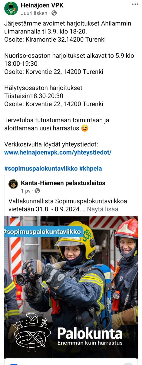 Tervetuloa tutustumaan ja kokeilemaan, sopisiko sammutusasu sinun päällesi ja miltä tuntuu käyttää suihkuputkea!