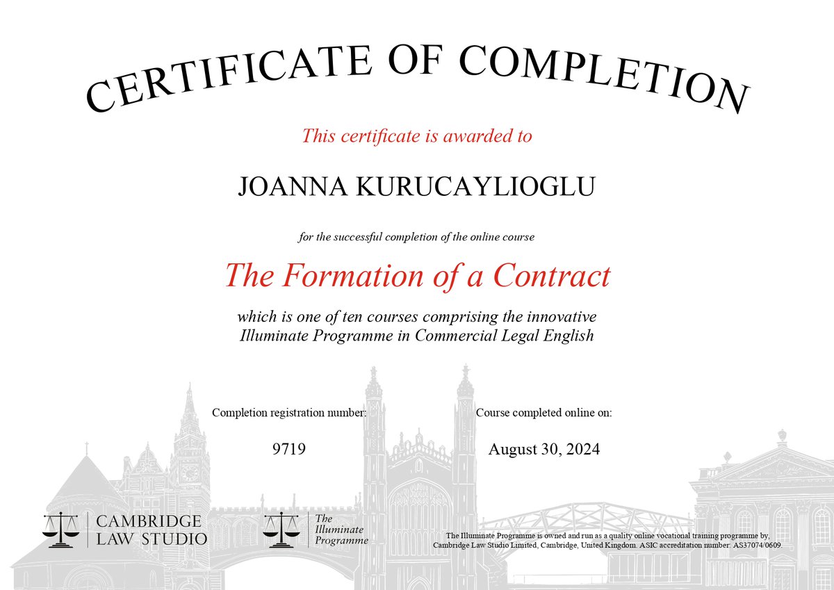 JKurucaylioglu's tweet photo. 🎉 Just completed *The Formation of a Contract* course from the Illuminate Programme by Cambridge Law Studio! 🚀 Excited to apply these new insights in commercial law. 📚 
#LegalEducation #ContractLaw #ProfessionalGrowth #Success https://t.co/Gyf2hUXfAS