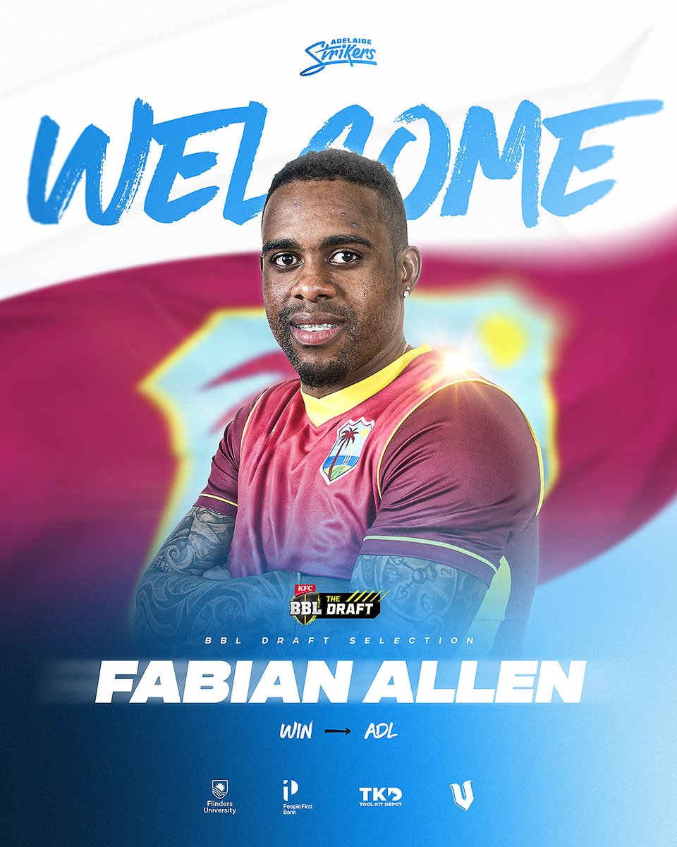StrikersBBL's tweet photo. The West Indian allrounder is bound for Adelaide this summer after being selected in the third round of the #BBLDraft!

Great to have you in blue for #BBL14 Fabian! 💪 https://t.co/i2rVlq1pMP