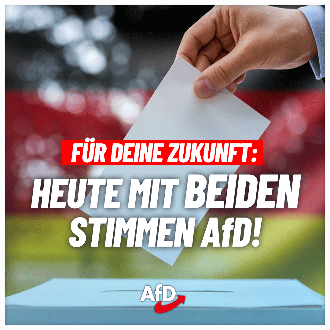 AfD's tweet photo. Heute gilts: Mit beiden Stimmen #AfD - und damit nicht nur die Zukunft in #Sachsen &amp; #Thüringen verändern, sondern eine Politikwende in ganz Deutschland herbeiführen! #thueringenwahl2024 #JetztAfD https://t.co/ybM2cBnwzs
