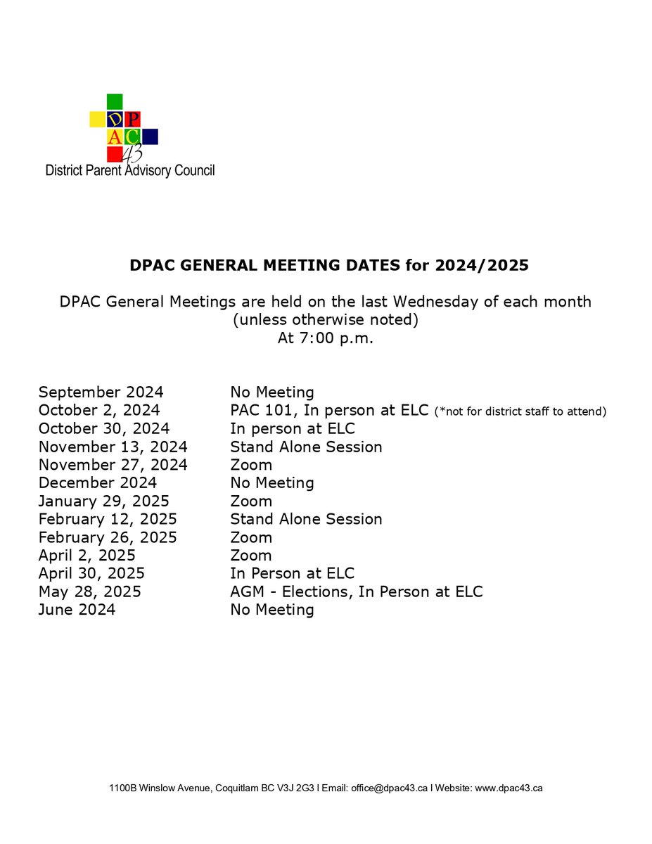 Some dates to keep in mind - the DPAC43 Meeting Dates for the 2024/2025 school year:
