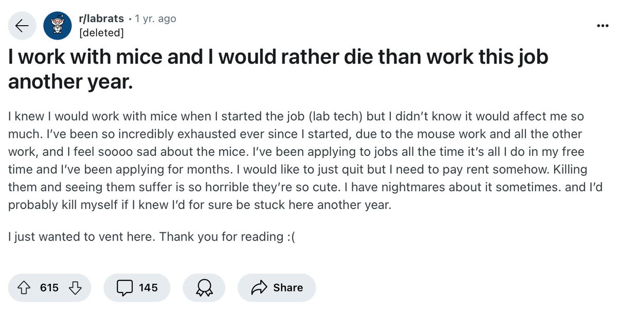 Students interested in STEM should probably know that if you create an anonymous forum for biologists, you get constant posts from people having existential crises over being pressured into mass mouse murder 🧵