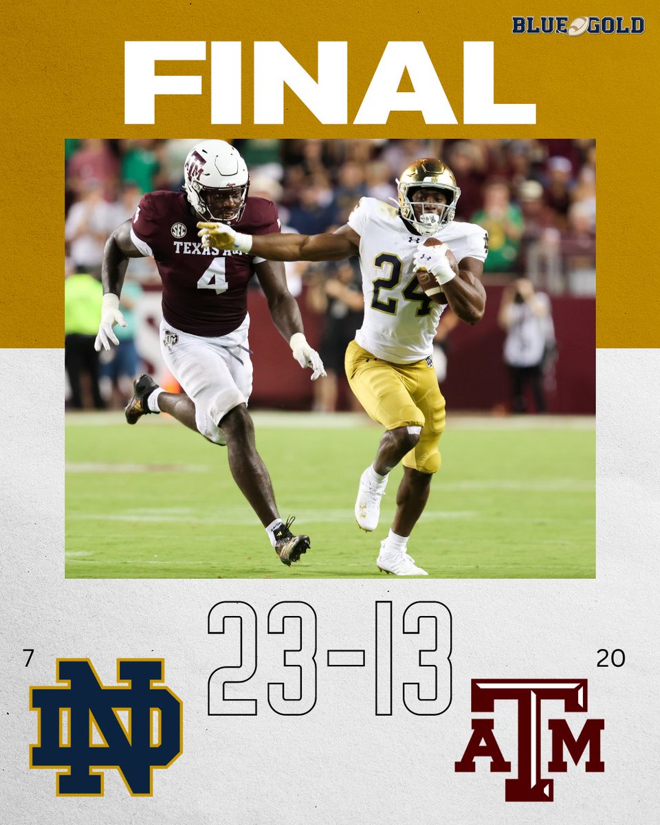 BGInews's tweet photo. No. 7 NOTRE DAME KNOCKS OFF No. 20 TEXAS A&amp;M ON THE ROAD 23-13‼️☘️

https://t.co/HJEvYjVepN https://t.co/wLPh5ZdQ3s