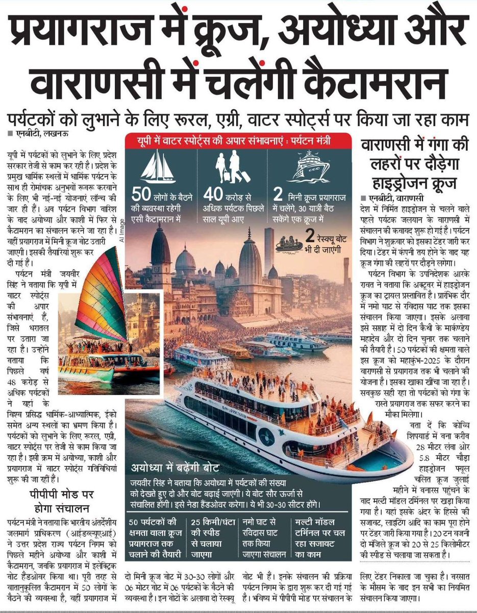 Information and Public Relations Department, UP (@infodeptup) on Twitter photo प्रदेश में पर्यटकों को लुभाने के लिए <a href="/UPGovt/">Government of UP</a> तेजी से काम कर रही है। पर्यटन विभाग अयोध्या और काशी में फिर से कैटामरान का संचालन करने जा रहा है। वहीं, प्रयागराज में मिनी क्रूज बोट उतारी जाएगी।
#NayeBharatKaNayaUP प्रदेश में पर्यटकों को लुभाने के लिए <a href="/UPGovt/">Government of UP</a> तेजी से काम कर रही है। पर्यटन विभाग अयोध्या और काशी में फिर से कैटामरान का संचालन करने जा रहा है। वहीं, प्रयागराज में मिनी क्रूज बोट उतारी जाएगी।
#NayeBharatKaNayaUP