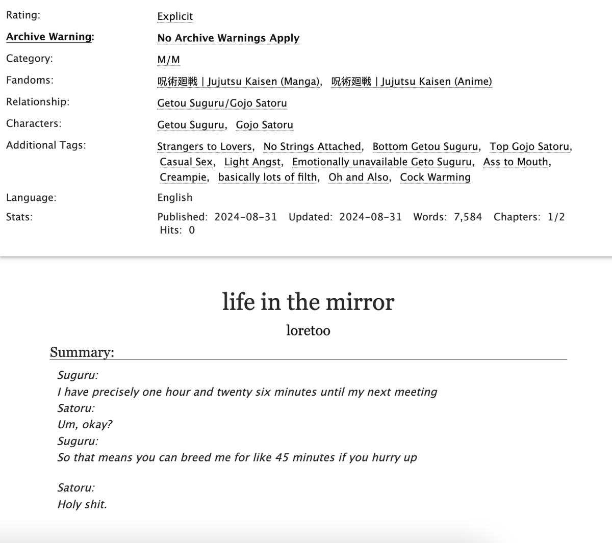 loreiswriting's tweet photo. life in the mirror
 #goge #satosugu fuck buddies, no strings attached au
✍️ 1/2 chapters, currently at 7.5k
🔞 rated R  
link in the tweet below! https://t.co/3SchZAVJbX