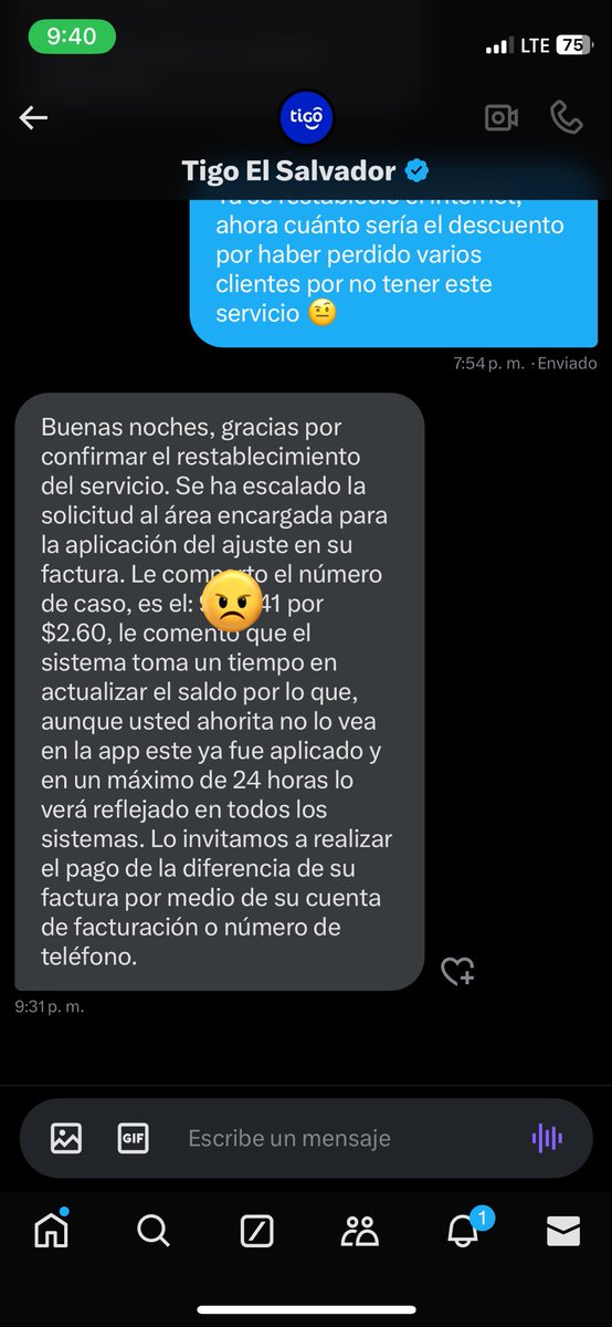 Es en serio <a href="/TigoElSalvador/">Tigo El Salvador</a>? $2.60 de descuento por un pésimo servicio. Sin contar que perdí un aproximado de $25 en ventas por no contar con internet. Quien me responde con eso, nadie. Pero la factura si es puntual. 
Lamentable <a href="/Defensoria_910/">Defensoría del Consumidor (DC) 🇸🇻</a> <a href="/SIGETSV/">SIGET El Salvador</a>
