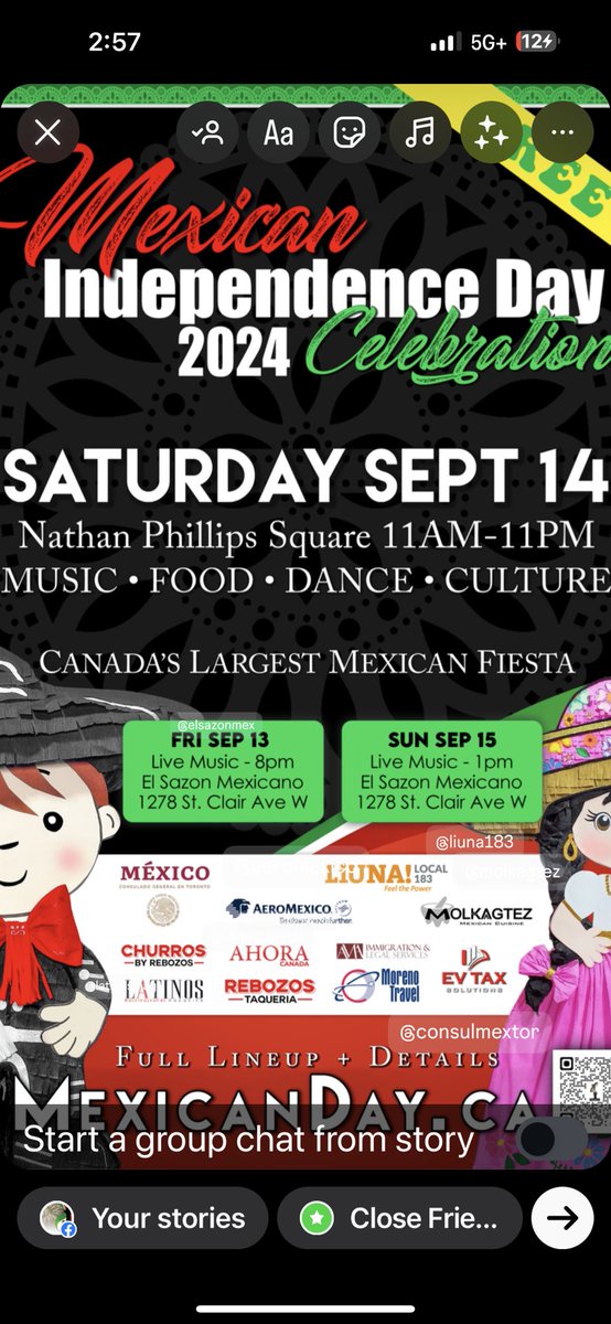 🇲🇽 Join us in celebrating the 30th anniversary of Mexican Day in Toronto! 

🇲🇽 There will be traditional Mexican dances, live music performances, a variety of Mexican dishes to try, and fun activities for the whole family.

🟢 Nathan Philips Square 
⚪️ Sep 14, 2024
🔴 11AM - 11PM