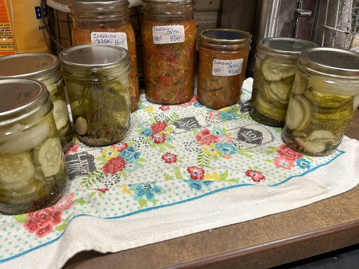 JustAmyMcC's tweet photo. Last day of #EveryBitCountsChallenge 
#Homesteading4Sovereignty

Zucchini salsa and more pickles. 

This was a great challenge and will help feed my family throughout the winter. I learned so much from you all through this too. I was able to use the tomato skins and make tomato powder. Dehydrated kale and Swiss chard to make a green powder to add to soups and such. Freeze dried milk and many fruits. 

This tribe is truly amazing. I truly can’t thank you all enough. Many blessings 🇺🇸🙏🏼🇺🇸