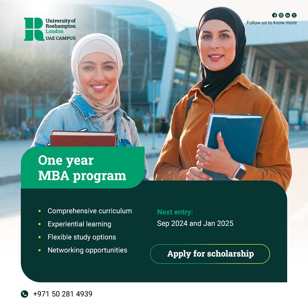 Advance your career with our one-year MBA program at the University of Roehampton London - UAE Campus!
Experience a comprehensive curriculum with flexible study options, and network with professionals to gain valuable insights.
Apply for a scholarship now!