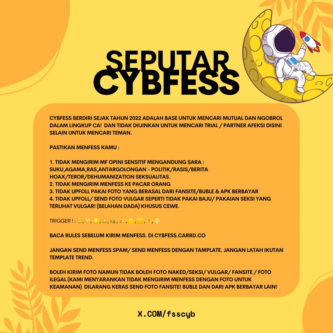 fsscyb's tweet image. Send Menfess sekarang bisa ke minbat.co/fsscyb pake triger emoji ini ya 馃挍, 馃煛 , 馃悿 , 馃寱 , 馃対 , 馃惐 , 馃惀 , 馃憫 , 鈿狅笍 , 馃煥.
Jangan Lupa Baca Rules di cybfess.carrd.co. Jika kuota sudah penuh send ke base sub @cybpess .
Tutor cek video ini 馃憞馃徎